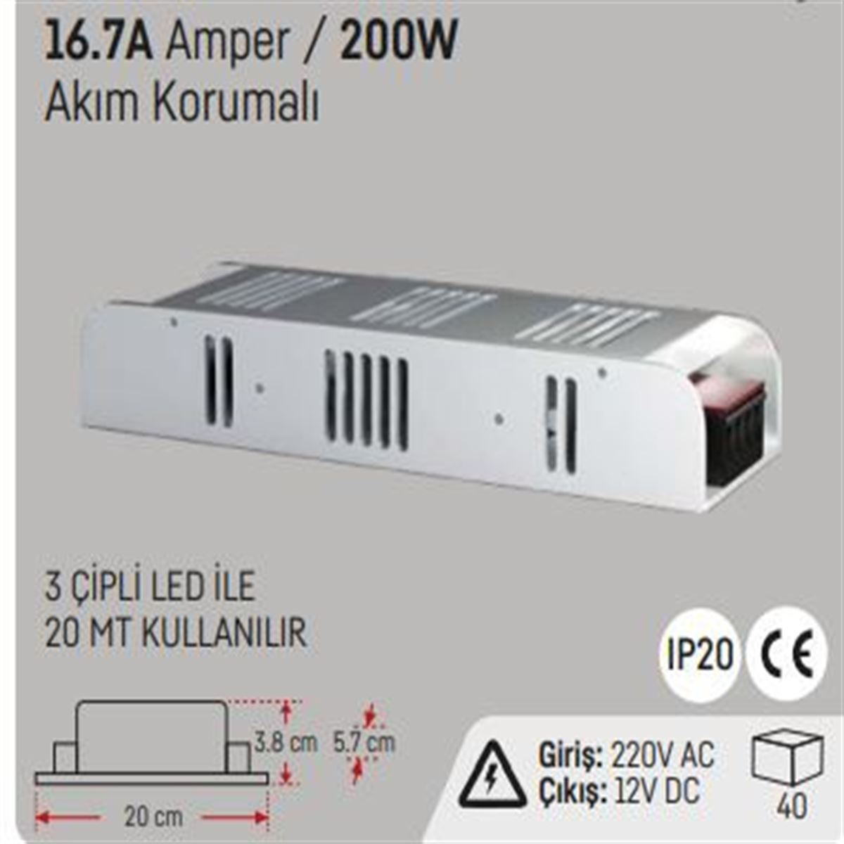 16.5A.200W.SLİM KASA İÇ MEKAN LED TRAFOSU 12V. 1
